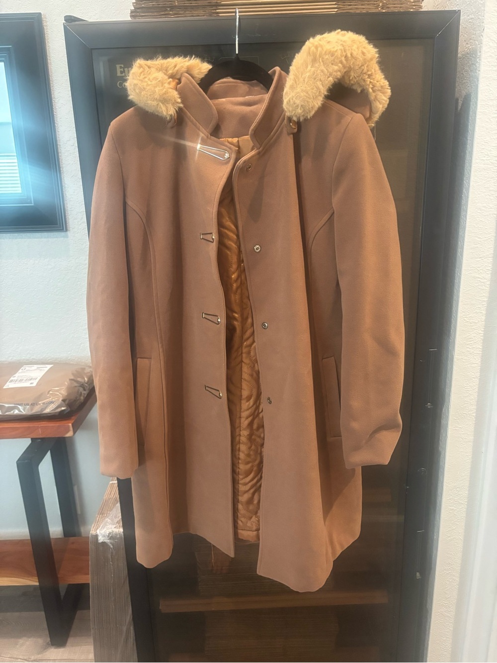 Women's Camel Hooded Wool-Blend Coat with Faux Fur Trim